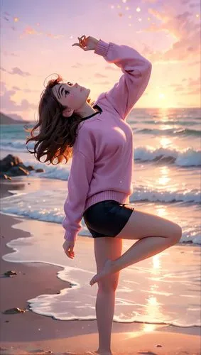 a photography of a caucasian girl 23 years old, brown hair, looking to sky wearing a pink sweater and black bikini stand up at sunset  in a beach whit the sea and weaves as background in 4k,a woman wi