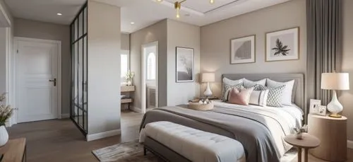 Create a sketch-style rendering of a modern and elegant master bedroom. The room should feature a king-sized bed with luxurious, neutral-toned bedding and a tufted headboard. Include two sleek nightst