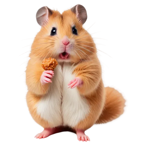 Small hamster, cute face, fluffy fur, pink nose, whiskers, standing on hind legs, holding tiny food, white background, soft focus, shallow depth of field, warm lighting, 3/4 composition, realistic tex