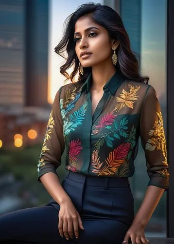 Modern Indian woman, 25yo, stylish hair, subtle makeup, elegant blouse, formal trousers, sitting, laptop, online course interface, architectural software, Indian cityscape background, skyscraper, glas