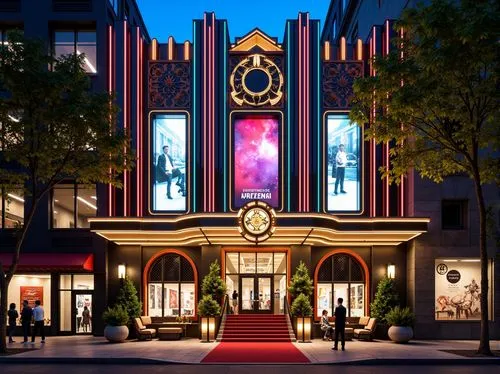 Eclectic cinema facade, ornate decorations, intricate moldings, vibrant neon lights, Art Deco patterns, futuristic curves, luxurious materials, gold accents, red carpet entrance, grand staircase, lavi