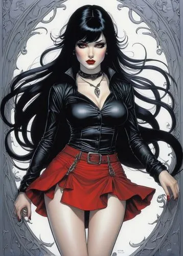 A beautiful buxom seductively dressed woman SHORT SKIRT  Jet black hair and silver eyes. whitest skin, Goth outfit,  long hair style black and red but  very little , ,gothic woman,goth woman,vampire w