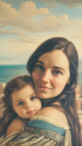 Portrait of a woman with a small daughter in her arms in the style of Raphael Santi.,little girl and mother,emile vernon,mother with child,mother and daughter,capricorn mother and child,mother and chi