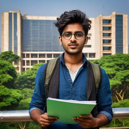 Indian architecture student, male, 20-25 years old, glasses, messy hair, casual wear, holding a large portfolio, standing confidently, IIT Delhi, CEPT University, SPA Delhi, architecture competition, 