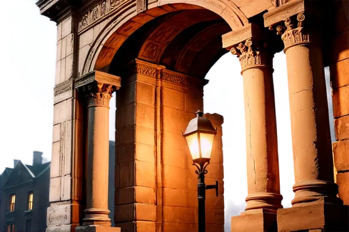 columns,pillars,archways,pointed arch,archway,archs,streetlamps,roman columns,street lamps,dusk background,landmarks,cathedrals,city gate,arches,townscapes,ancient buildings,columned,city scape,triumphal arch,archly,Illustration,Realistic Fantasy,Realistic Fantasy 21