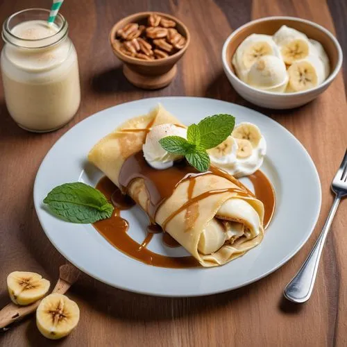 Crepe de Banana com Doce de Leite
Um crepe delicioso, recheado com bananas fatiadas e doce de leite. O crepe está enrolado, com o recheio visível nas extremidades e levemente caramelizado por fora. Se