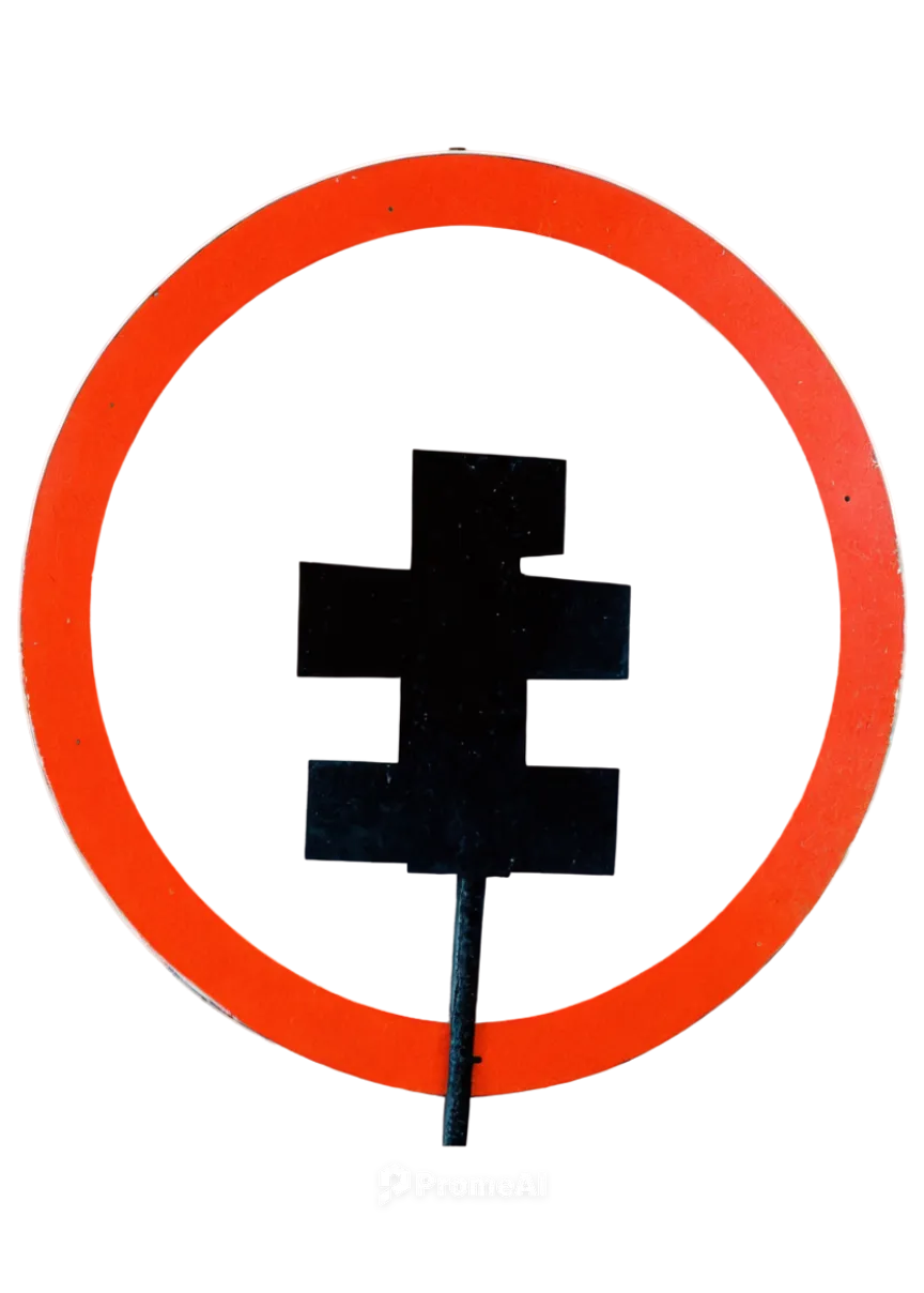 Prohibition sign, red circle, white background, bold black font, diagonal line crossing, warning symbol, metal material, rust texture, urban setting, close-up shot, high contrast lighting, shallow dep