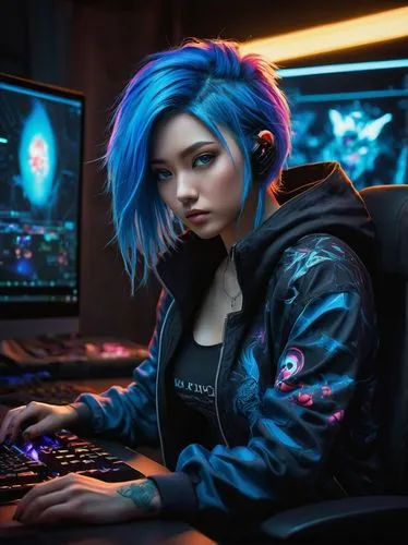 girl at the computer,cyberpunk,cyberangels,vi,jinx,cyberathlete,cyberpunks,operator,kda,naimiy,cortana,cyberdog,nyx,cyber,raika,cyberia,zhu,azari,indigo,denim background,Illustration,Abstract Fantasy,Abstract Fantasy 18