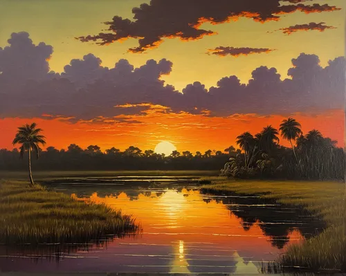 WILLIE DANIELS FLORIDA HIGHWAYMEN SUNSET PAINTING,alligator alley,coastal landscape,river landscape,oil painting on canvas,freshwater marsh,backwaters,everglades,tidal marsh,an island far away landsca