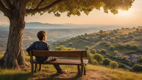 man on a bench,landscape background,world digital painting,nature and man,overlook,outdoor bench,chair in field,idyll,bench,tuscany,woman sitting,sit and wait,solitude,park bench,wooden bench,evening atmosphere,photo manipulation,ruminating,creative background,summer evening,Photography,General,Natural