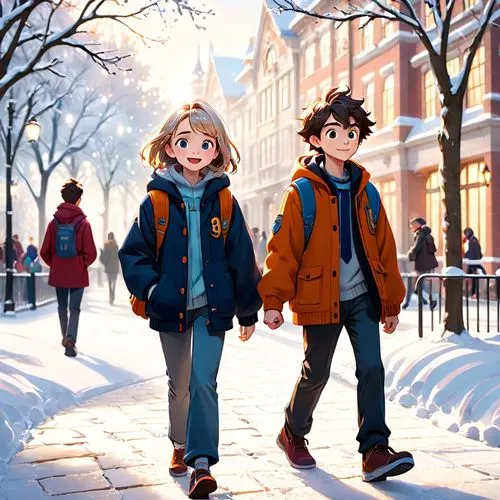 a girl and a boy student walks together towards campus,the young couple is walking hand in hand down the street,snow scene,girl and boy outdoor,kids illustration,winter clothes,winter background,littl