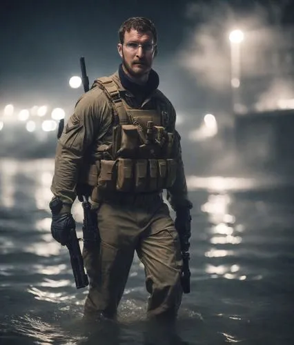 a man wearing an outfit with a gun in the water,devgru,sandbagged,vbss,quint,frogman,the man in the water,Photography,Cinematic