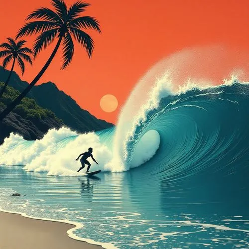 in the style of Hoksai woodblock printing, Tahiti beach, surfers riding the high waves of Kanagawa, in the style of Hoksai woodblock printing,painting of man surfing in ocean with palm trees and red s