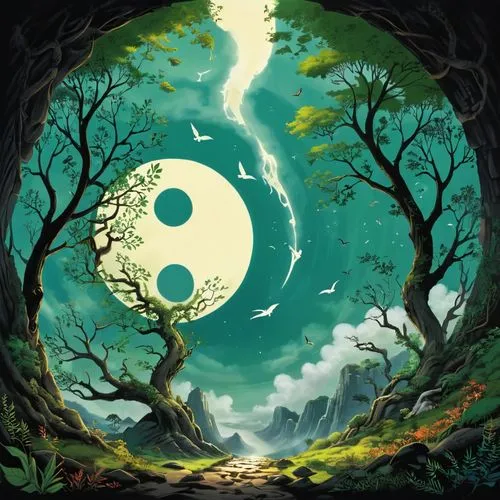 yinyang,kodama,yin yang,taoism,pangu,cartoon video game background,Illustration,Japanese style,Japanese Style 07