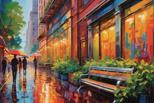 colorful city,umbrellas,art painting,watercolor shops,walking in the rain,cityscapes,oil painting on canvas,after rain,world digital painting,after the rain,oil painting,painting technique,rainy day,city scape,narrow street,colorful life,alleyway,photorealist,calcutta,rainswept,Conceptual Art,Oil color,Oil Color 25