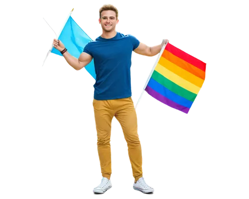 Male, gay pride, solo, colorful clothing, rainbow flag, confident pose, smiling face, bright eyes, stylish hair, muscular arms, holding flag, standing, strong legs, converse shoes, urban background, w