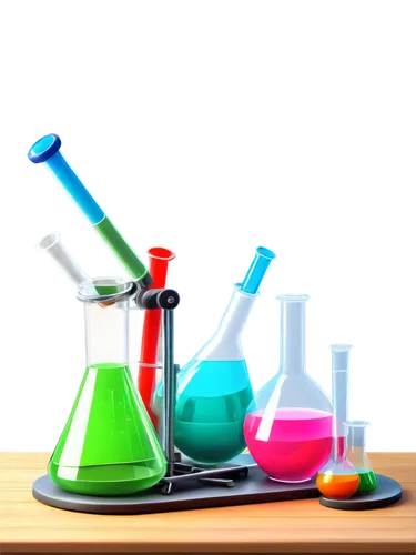 Laboratory equipment, beaker, test tube, microscope, petri dish, chemical formula, molecular structure, 3D model, colorful liquids, bubbling reaction, steam rising, glassware, metal framework, wooden 