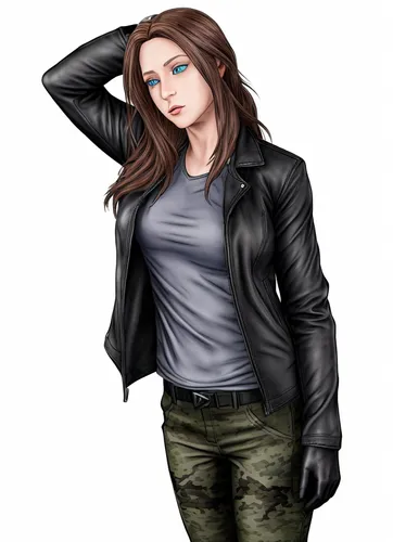 female, 'detective, badass, femme fatale', 'Germanic genetic', 'bole (color) long hair (no fizzy), azure (color) eyes', ''grey shirt (round tee)', 'black leather jacket', 'black fingerless gloves', 'c