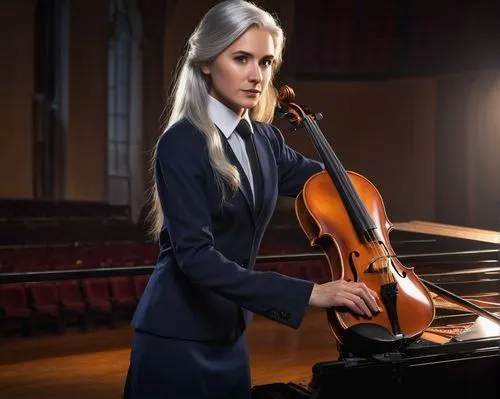 Realistic Sylvieon, beautiful detailed eyes, long silver hair, subtle makeup, elegant slender figure, white shirt, black tie, dark blue skirt, black heels, holding a violin case, standing, concert hal