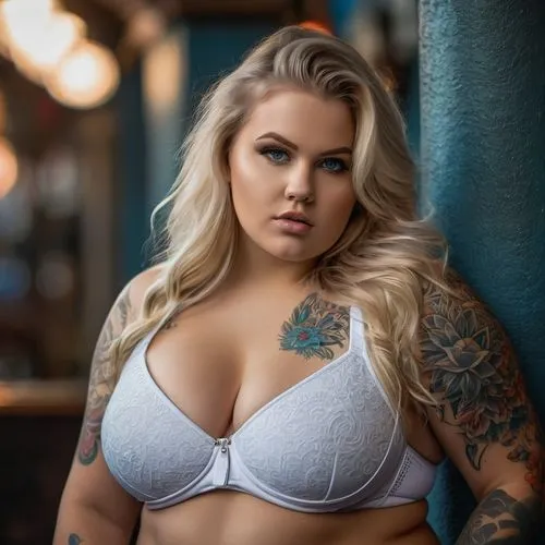 0407 generate a realistic creative image of a young obese lady with very big boobed, tattooed all over her body, in a very elegant and beautiful way, a Caucasian, blonde, blue eyes, long hair and very