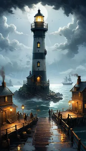 lighthouses,lighthouse,light house,electric lighthouse,harbor,phare,harborlights,petit minou lighthouse,red lighthouse,docks,world digital painting,game illustration,lightkeeper,light station,night scene,seahaven,maiden's tower,shipwrights,innsmouth,gaslight,Conceptual Art,Oil color,Oil Color 12