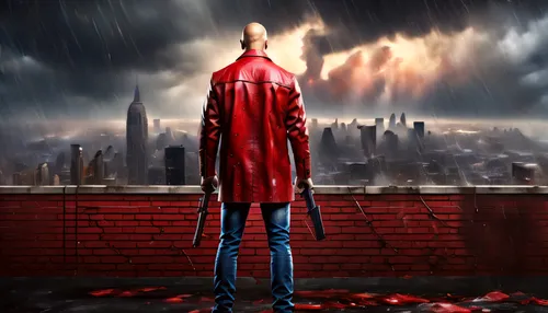 red hood,red coat,daredevil,red cape,red super hero,red arrow,superhero background,standing man,saw,photo manipulation,photoshop manipulation,headless,the edge,raincoat,man with umbrella,blood collect