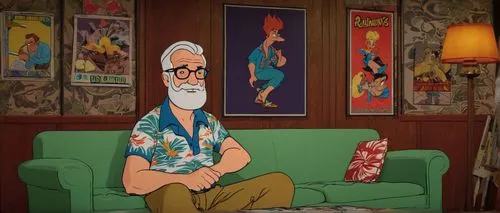 Van Mertens, creator, cartoonist, Johnny Bravo's father, balding, grey hair, thick beard, glasses, Hawaiian shirt, khaki pants, sandals, relaxed pose, sitting on a couch, 70s style interior, wooden pa