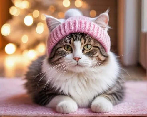 Adorable cat, wearing beanie, fluffy white fur, bright curious eyes, pink nose, whiskers, cute facial expression, sitting posture, front paws together, warm indoor setting, wooden floor, soft carpet, 