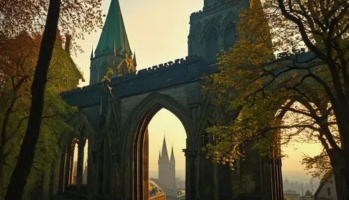 Gothic cathedral, grandeur, intricate stone carvings, pointed arches, ribbed vaults, flying buttresses, stained glass windows, ornate spires, gargoyle decorations, mysterious ambiance, evening mist, d