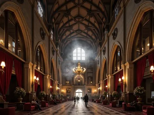 Grandiose Gothic arches, ribbed vaulted ceilings, ornate stone carvings, intricate wooden furnishings, rich velvet drapes, lavish chandeliers, mysterious dark tones, warm golden lighting, atmospheric 