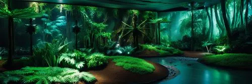 Create an image depicting a Brazilian exhibition featuring a vibrant, lively rainforest. The scene includes a green hill covered with lush moss that serves as the path through the exhibition. Lighting