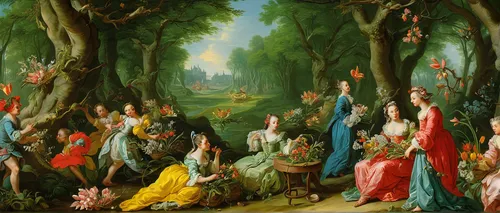 apollo and the muses,garden party,garden of eden,hunting scene,promenade,the garden society of gothenburg,happy children playing in the forest,procession,secret garden of venus,work in the garden,the pied piper of hamelin,robert duncanson,towards the garden,tree grove,colomba di pasqua,queen-elizabeth-forest-park,garden of plants,bougereau,english garden,the carnival of venice,Art,Classical Oil Painting,Classical Oil Painting 36