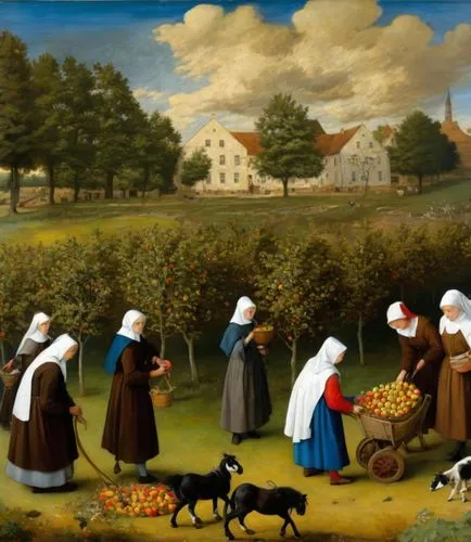 agricultural scene,harvest festival,nuns,girl picking apples,gleaners,pastoral