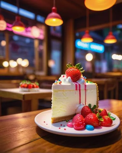 Anime-style cheesecake, Japanese dessert shop, Tokyo streets, neon lights, Kawaii decorations, colorful sprinkles, creamy white cheesecake, strawberry sauce, whipped cream, cherry on top, ceramic plat