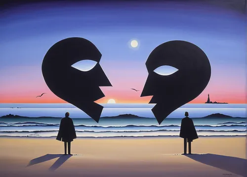 Set a kiss between two characters on a deserted beach at sunrise.,two people,surrealism,dualism,man and woman,loving couple sunrise,couple silhouette,yinyang,oil painting on canvas,man and wife,art pa