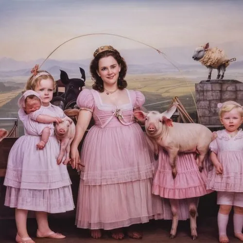 Kosel säugt Frischlinge,pink family,east-european shepherd,lambs,goatherd,little girl in pink dress,mulberry family,the mother and children,stepmother,cow-goat family,vintage children,shirley temple,p