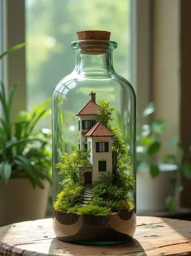 Micro landscape greenery, European architecture, inside glass bottle, living room, table, light from building













































,the miniature house inside of a jar is on a 