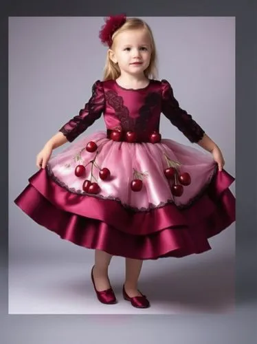 3d Drawing of a three-layer satin dress for kids. The first layer is dark lace pink with dark burgundy cherries painted on it with silver sequin lines. The second layer is burgundy. The third layer is