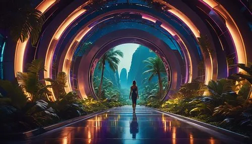 futuristic landscape,arbor,tunnel of plants,futuristic,fantasia,biopiracy,entrada,cyberia,alien world,titanum,gateway,fantasy world,pathway,nms,plant tunnel,oasis,vanu,valerian,wonderlands,atlantis,Photography,General,Realistic