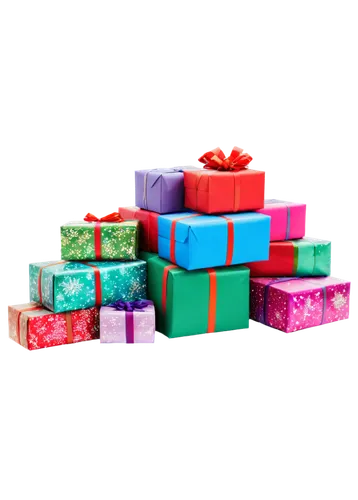 Christmas presents, wrapped in colorful paper, ribbon bows, shiny wrapping paper, glittering snowflakes, festive holly leaves, piled up, scattered on floor, transparent background, soft focus, warm li