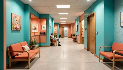 Vibrant clinic interior, eclectic design style, bold color palette, turquoise accent walls, warm beige furniture, rich wood tones, metallic chrome fixtures, soft peach patient rooms, calming light blu