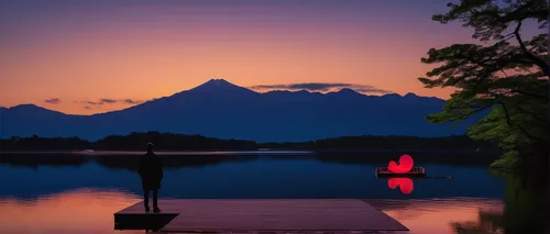 Write a romantic tale about a human falling in love with a gentle kappa yokai in a serene lakeside setting.,evening lake,mountain lake,lake mcdonald,beautiful lake,mountainlake,lake sils,bled,incredib