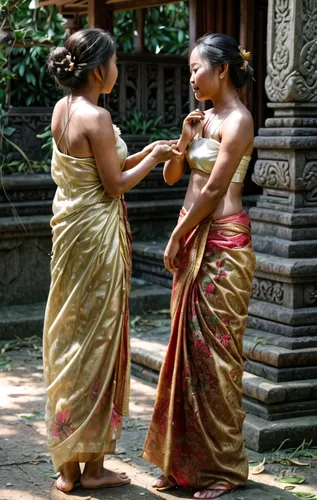 The morning sun refracts golden light which makes the dewdrops on the leaves and grass look like crystal light.   Two Balinese women were still seen joking with each other.  They wore the typical Bali