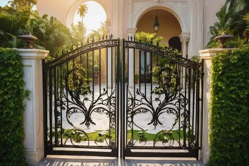 gated,ornamental dividers,iron gate,wrought iron,front gate,garden door,gates,fence gate,metal gate,landscape designers sydney,rosecliff,garden fence,entryways,beverly hills hotel,ironwork,entryway,wood gate,trellises,beverly hills,gate,Illustration,Abstract Fantasy,Abstract Fantasy 07
