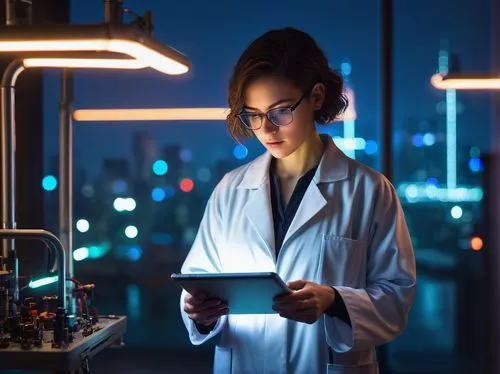 Stable Diffusion, futuristic laboratory, solo scientist, (30yo), short hair, glasses, lab coat, holding tablet, standing, metal machinery, pipes, tubes, futuristic equipment, LED lights, neon lights, 