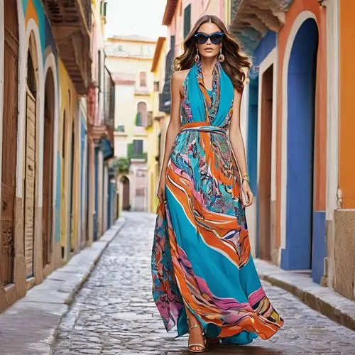 Describe this image in to prompt that can use in image crator,caftans,caftan,kaftans,kaftan,a floor-length dress,bohemian,girl in a long dress,vibrant color,missoni,moroccan pattern,burano island,alfa