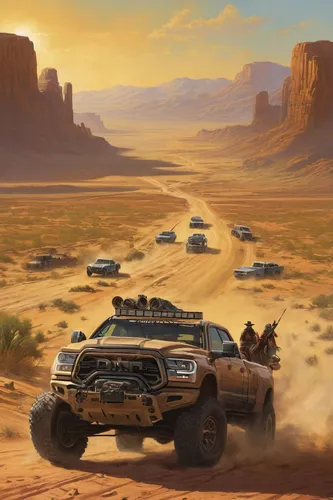 In a dusty desert town, an off-road outlaw seeks revenge against a gang of ruthless bandits.,desert racing,desert safari,desert run,ford expedition,toyota 4runner,wild west,desert landscape,desert des