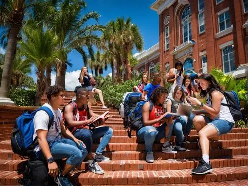 University of Florida, architectural building, modern design, white columns, red brick walls, greenery surrounding, tropical plants, palm trees, sunny day, blue sky, few clouds, students walking, back