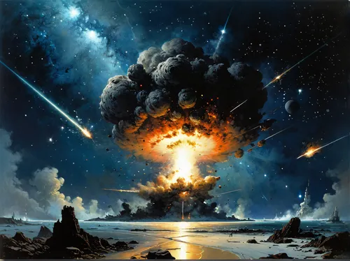 asteroids,meteorite impact,meteor,asteroid,atomic bomb,space art,atomic age,explosions,detonation,nuclear explosion,doomsday,meteoroid,explode,meteor rideau,armageddon,exploding,apocalypse,detonate,explosion,nuclear weapons,Art,Classical Oil Painting,Classical Oil Painting 32