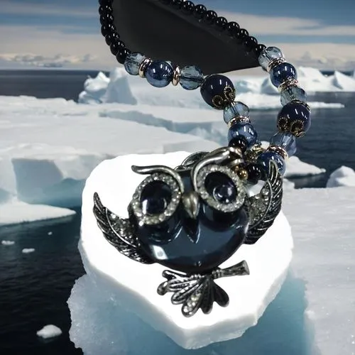 a close up of an owl and beads celet,rock penguin,antarctic bird,arctic birds,pinguine,skullcandy,antarctique